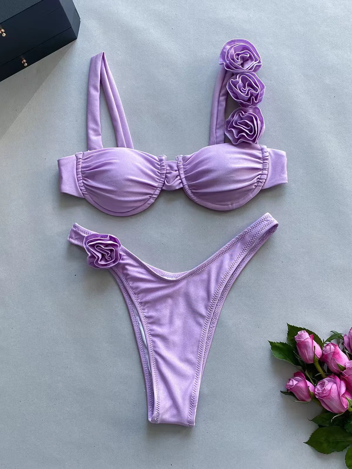 Sexy Solid Backless Floral Bikini Set Women Split Swimsuit High Waist Beach Bikini 2025 New Summer Swimwea Bikinis Set