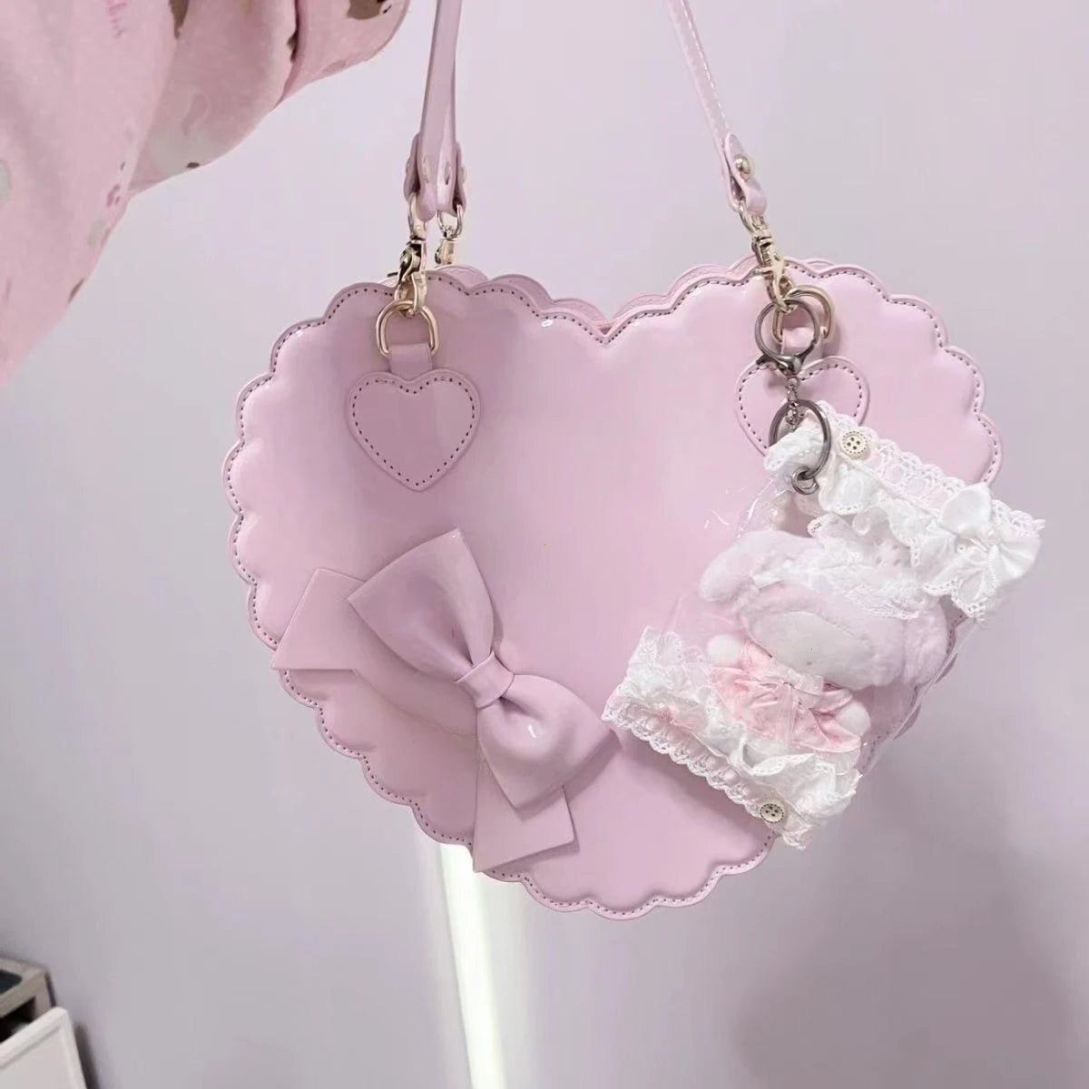 PU Heart Lolita Handbags Girls Bowknots Decor Japanese Shoulder Bags Two Sized Kawaii Shell Purses Cute Pink Messenger Bag Gifts