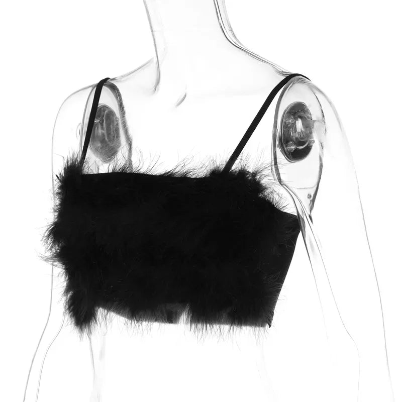 HLJ&GG Sweet Fur Tank Top Fashion Two Piece Set For Women Thin Strap Sleeveless Backless Slim Vest And Mini Puffy Skirt Outfits