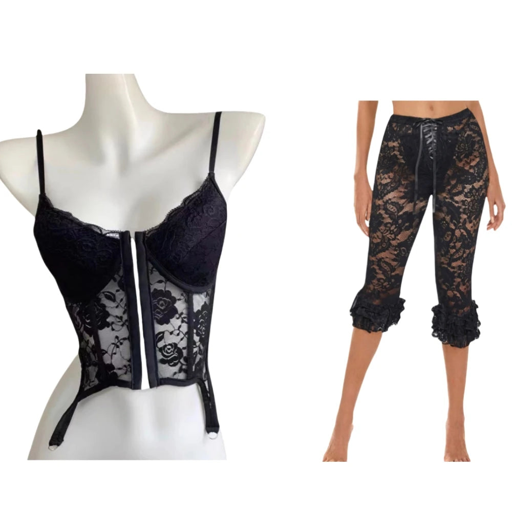 HLJ&GG Sexy Lace See Though Bandage Skinny Shorts Two Piece Sets Women V Neck Spaghetti Strap Slim Crop Top And Shorts Outfits