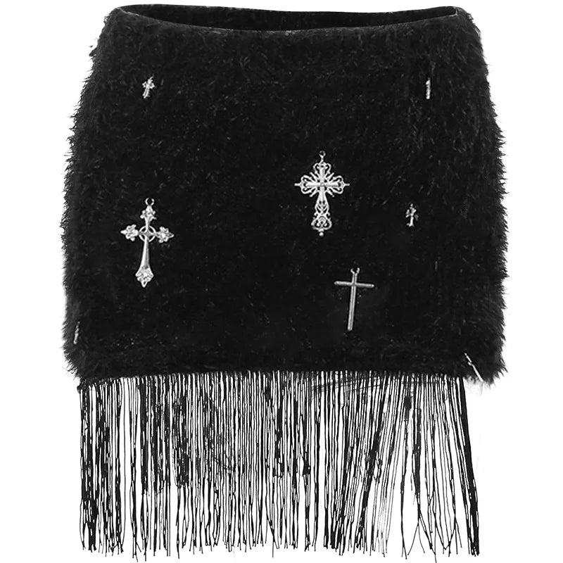 HLJ&GG Black Sexy Y2K Punk Tassels Two Piece Sets Women Chain Lace Up Slim Tube And Fur Mini Skirts Outfits Fashion Streetwear