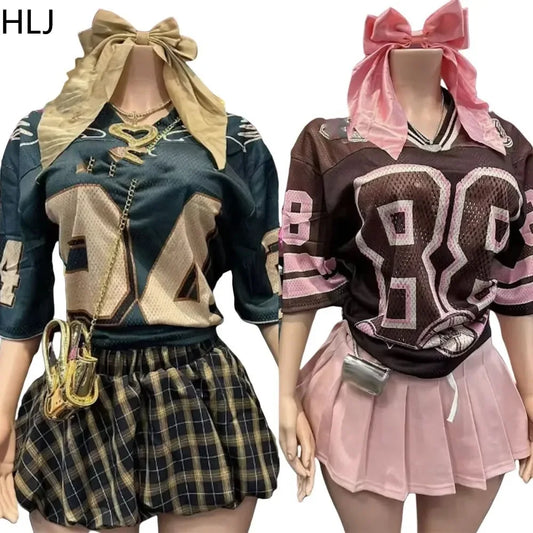 HLJ&GG Pink A-line Pleated Skirts Fashion Two Piece Sets Women Letter V Neck Short Sleeve Loose Tshirt And Mini Skirts Outfits