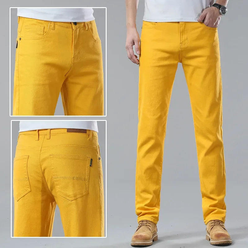 White Yellow Pink fashion 5 Color Men's Cotton Casual Pants Jeans Slim Straight Solid Color Business Trousers Four Seasons Brand