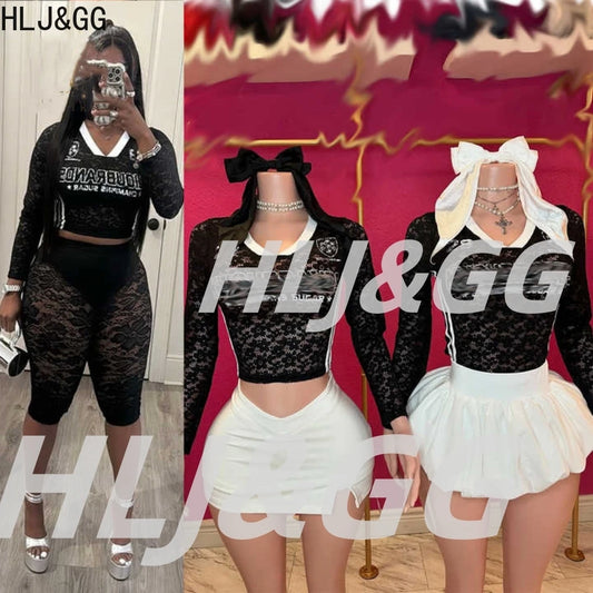 HLJ&GG Summer New Lace Letter Print Two Piece Sets Women V Neck Long Sleeve Top And Mini Skirts Outfits Fashion Streetwear 2025
