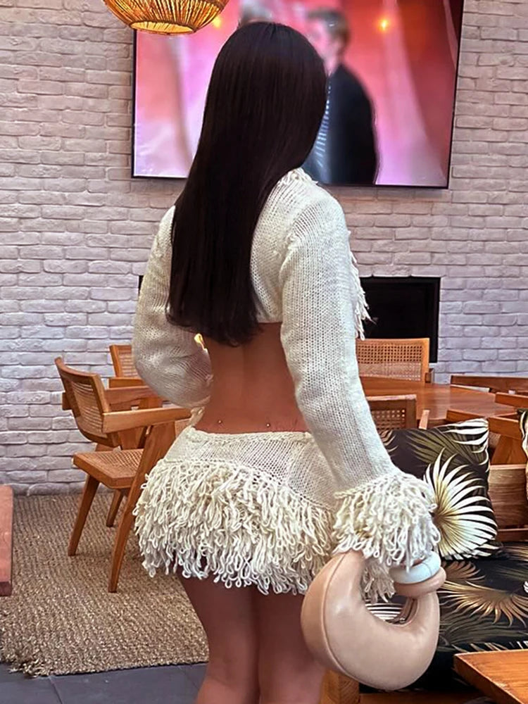 Weird Puss Crochet Tassel 2 Piece Set Women Lace-Up Cardigan Full Sleeve Crop Tops+Irregular Slits Mini Skirt Sexy Hipster Suit