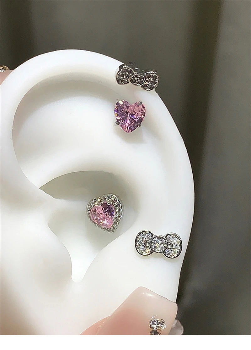 Cute Bowknot Love Heart 316L Stainless Steel Annular Ear Bone Nail Fashion Delicate Zircon Earring for Women Y2K Punk Jewelry