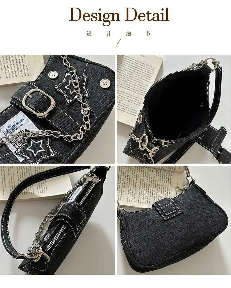 Fashion Vintage Y2k Ladies Shoulder Bags Sweet Cool Star Chain, Underarm Bag Black Goth jeans Tote Handbag Purse