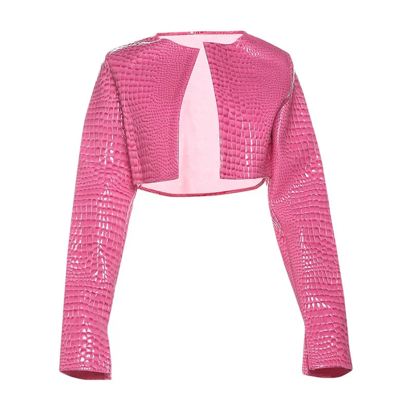 HLJ&GG Fashion Y2K Leather Snake Jacket Coat Three Piece Sets Women Lapel Long Sleeve Crop Top+Shorts Outfits Trend Streetwear
