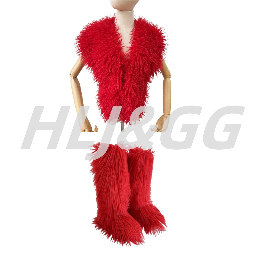 HLJ&GG Trend Y2K Two Piece Sets Women Fur Feather Halter Waistcoat Fashion Backless Lace Up Legs Cover Streetwear Clothing 2025