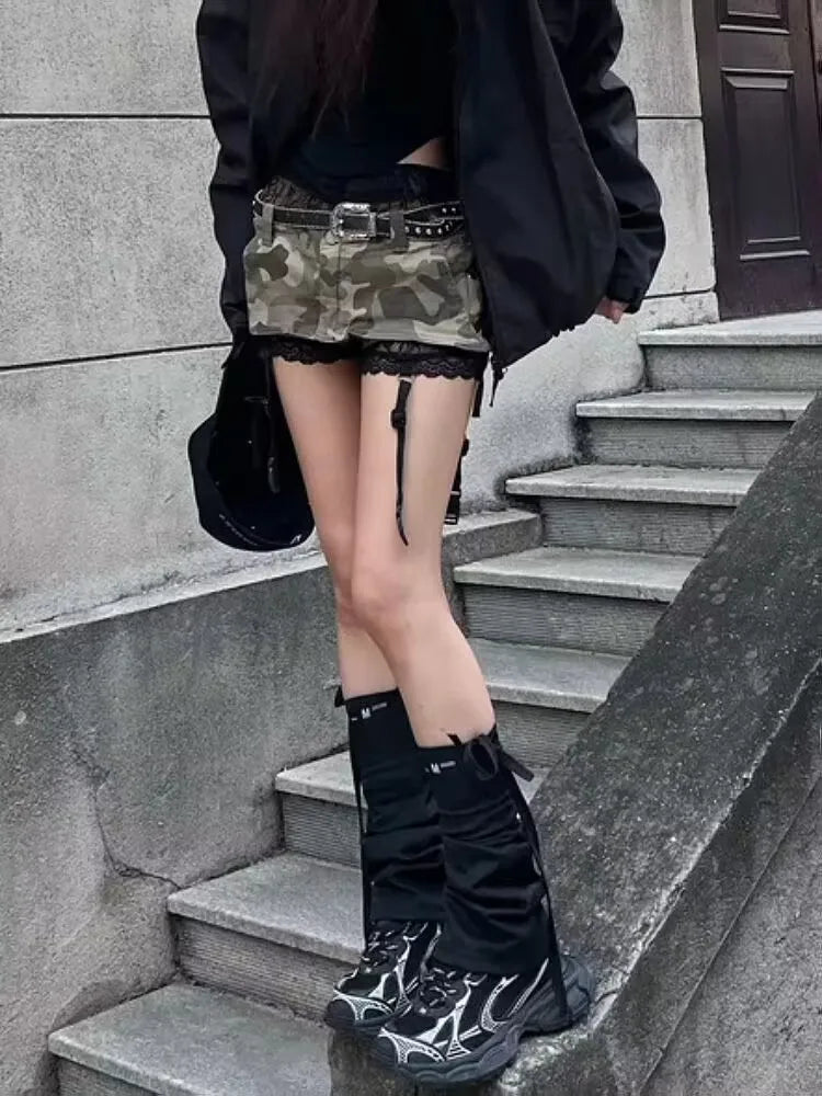 Summer Gothic Vintage Lace Up Slim Camouflage Lolita Shorts Skirts Women Kawaii Aesthetic Y2k A-line Package Hip Short Skirt