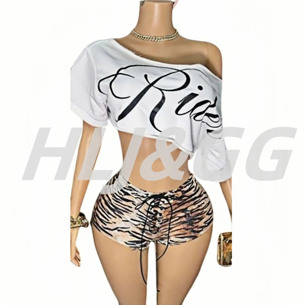 HLJ&GG Y2K Fashion Letter One Shoulder Crop Top Two Piece Sets Women Loose Tshirts And Tiger Shorts Outfits Summer Streetwear
