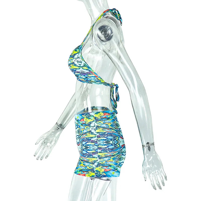 STYLISH LADY Holiday Beach Printed 2 Piece Set Women Halter Backless Crop Top and Shorts Suits 2025 Summer Sexy Club Outfits