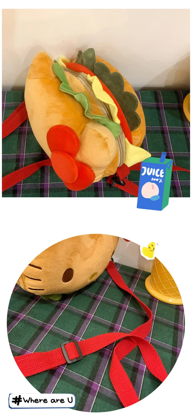 Hello Kitty Kawaii Hamburger Plush Mini Crossbody Bag Adorable Shoulder Purse for Teen Girls Kawaii Fashion Shoulder Bagfor Girl