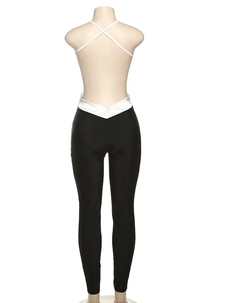 Weird Puss Sexy Backless Jumpsuit Women Sleeveless Cross Ruched Wrap Straps Midnight Coquette Workout Activity Fitness Overalls