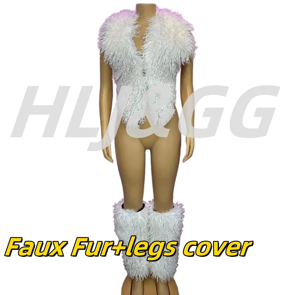 HLJ&GG Trend Y2K Two Piece Sets Women Fur Feather Halter Waistcoat Fashion Backless Lace Up Legs Cover Streetwear Clothing 2025