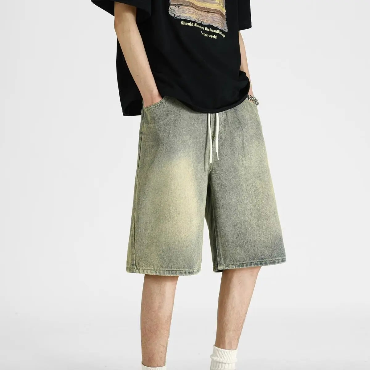 denim shorts, men's 2025 summer thin style retro loose American fashion brand casual five inch mid length pants