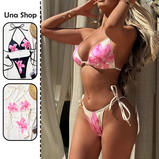 Una-Shop Floral Print Swimsuits For Women Neck Hanging Bikinis Sets Vacation Swimwear Summer Beach Swimming Pool Party Beachwear