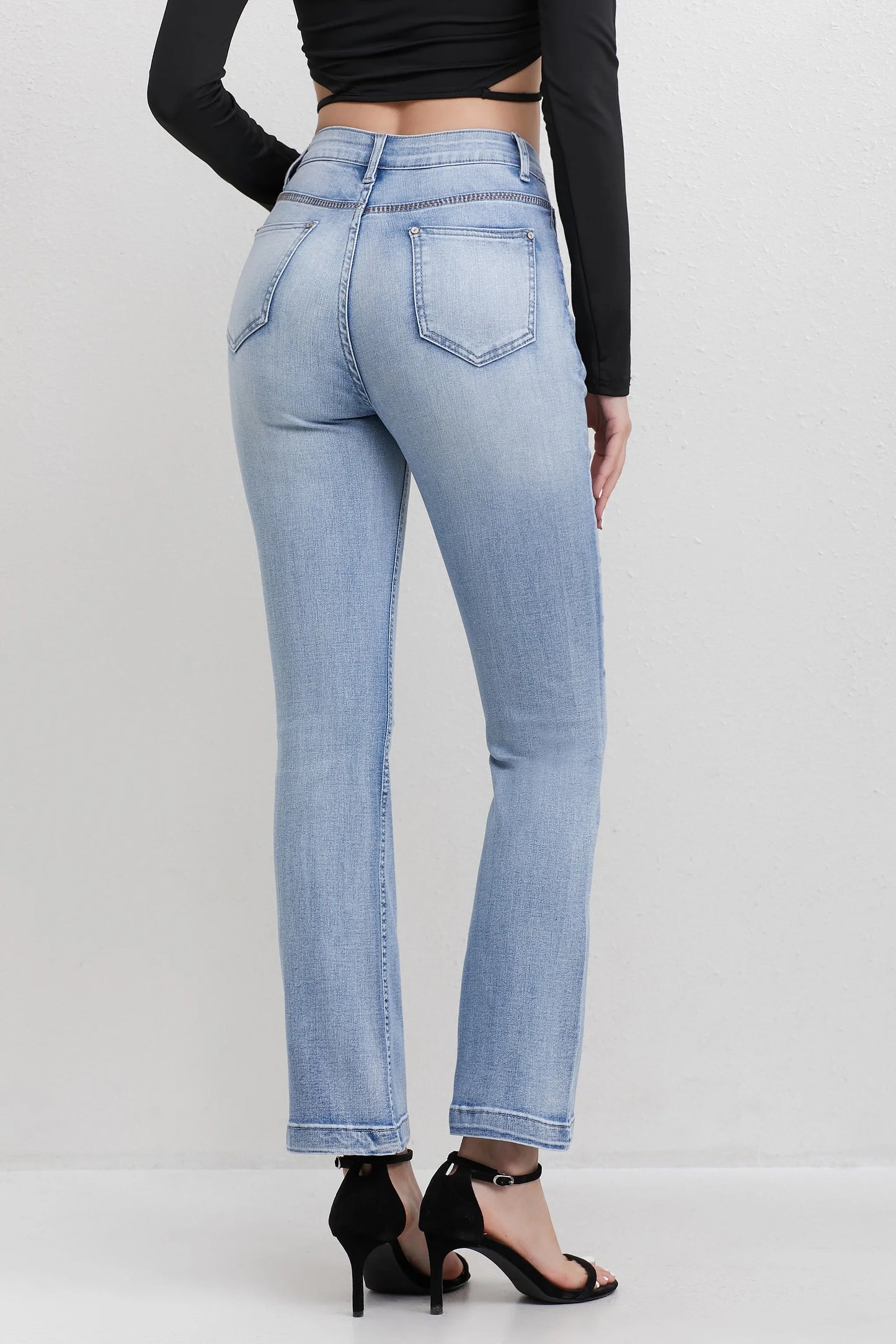 Women's High Waisted Light Blue Jeans with Panel Detail Flared Leg Fashionable Daily Wear Wide-leg jeans Stretch Straight Pants
