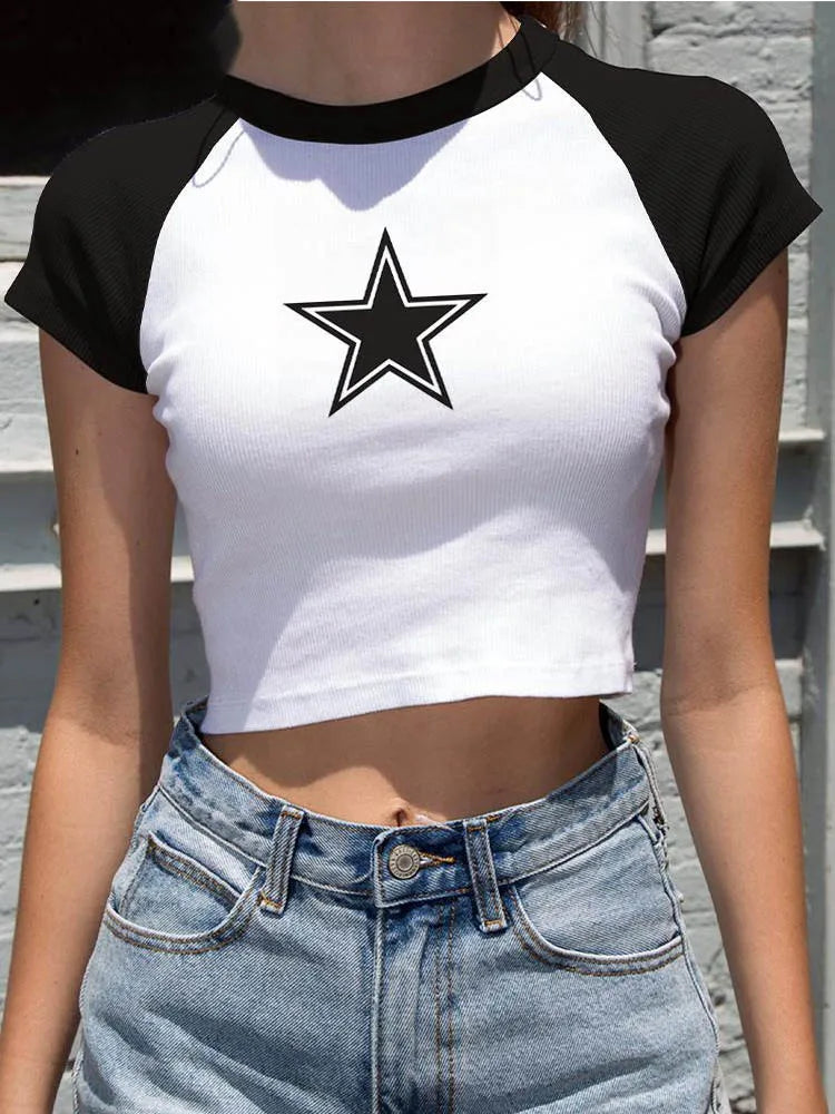 Y2K Clothes Star Tops, Tshirt Harajuku Retro Fashion Gothic Short Sleeve Crop Sexy Tops Aesthetics Tops Short Navel