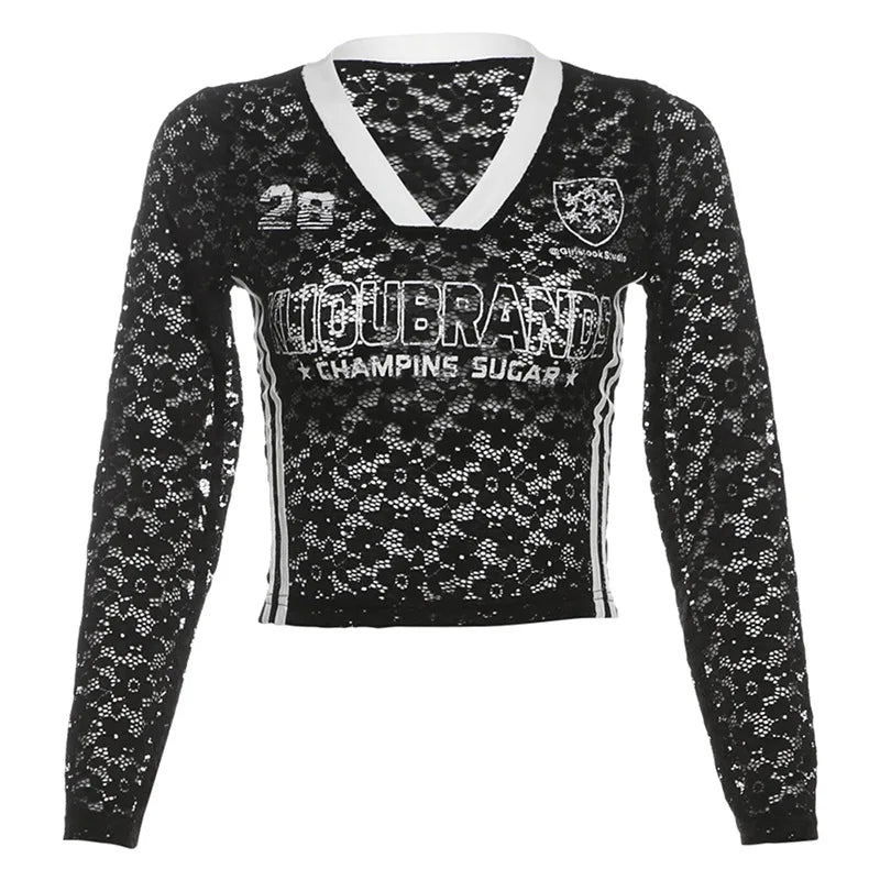 HLJ&GG Summer New Lace Letter Print Two Piece Sets Women V Neck Long Sleeve Top And Mini Skirts Outfits Fashion Streetwear 2025