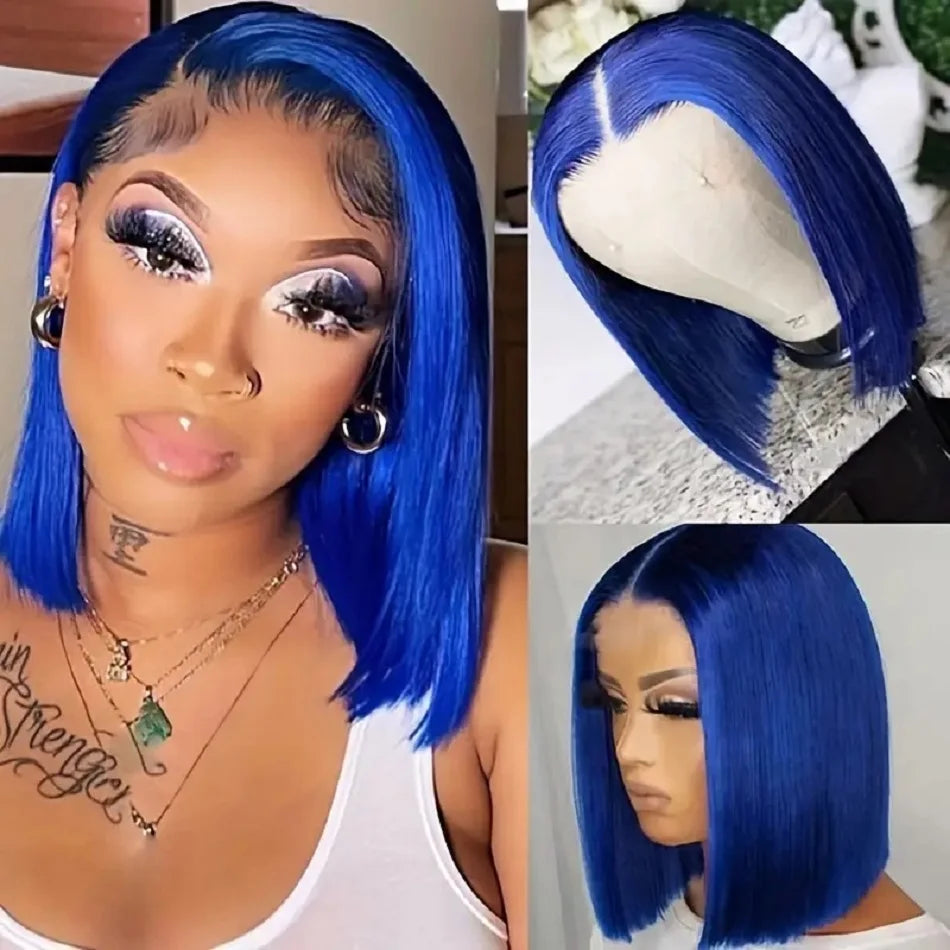10 12 14 Inches Blue Straight Lace Frontal Human Hair Wigs Navy Blue 13x4 Lace Front Wig Royal Blue Colored Short Bob Wigs