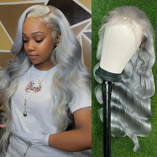 613 silver gray colored curl Wig 13x6 transparent Lace Front Body wave Wig 100% Brazilian Human Hair length lace Wig of Wowen