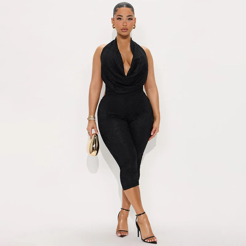 CUTENOVA Women'S Sexy Solid Color Lace Patchwork Swing Collar Hanging Neck Big Backless Skinny Jumpsuit Summer Elegant Jumpsuit