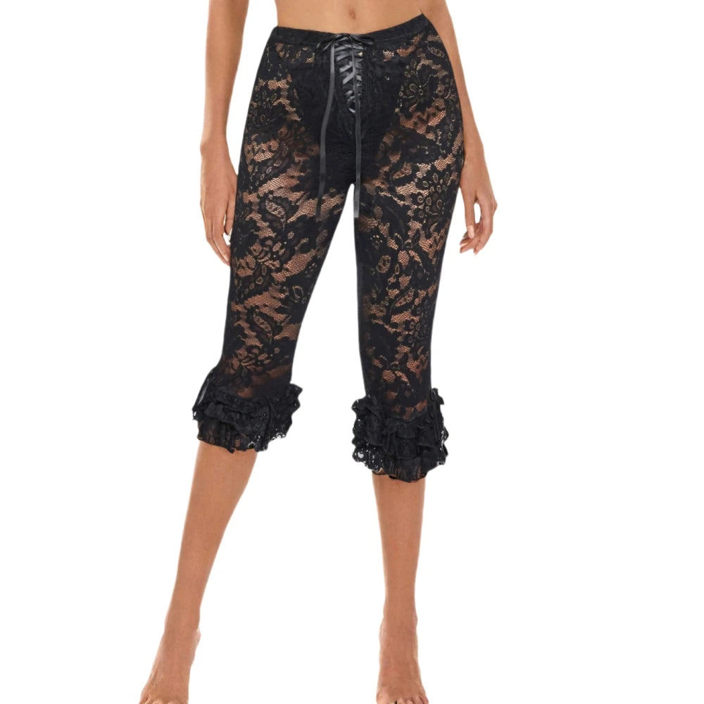 HLJ&GG Sexy Lace See Though Bandage Skinny Shorts Two Piece Sets Women V Neck Spaghetti Strap Slim Crop Top And Shorts Outfits