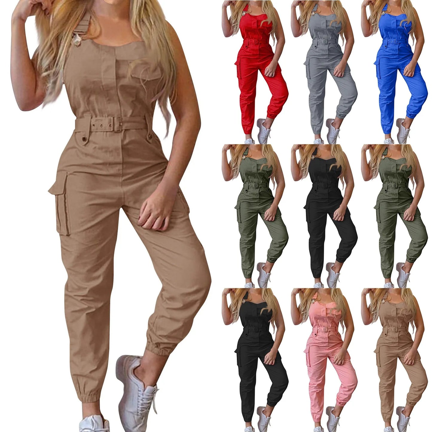 Lady's Fashion Clasp Pocket Cargo Romper Jumpsuits, Casual Jumpsuit Summer