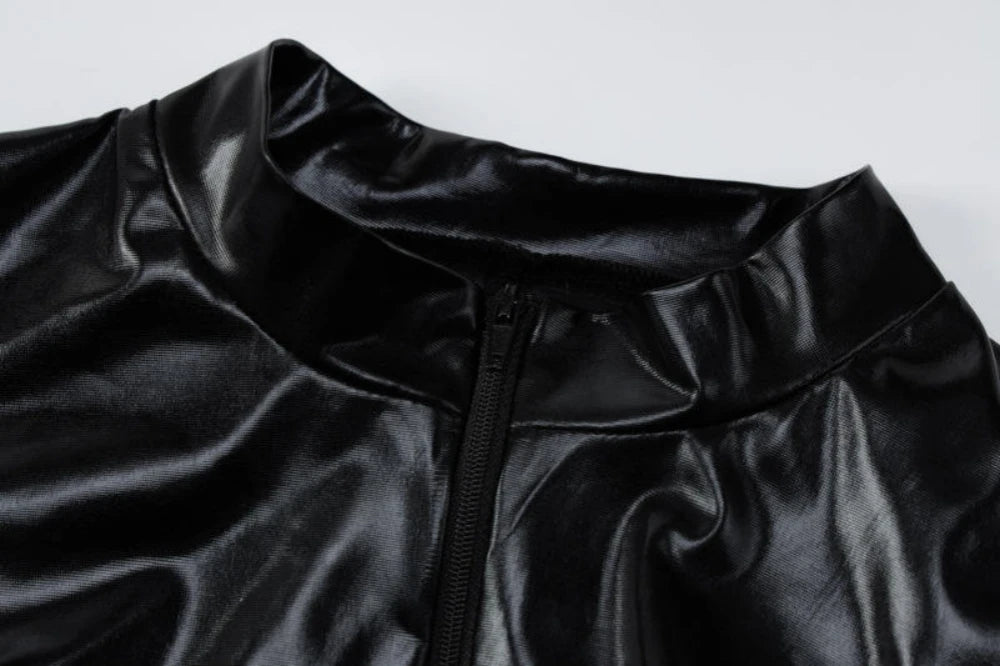 HLJ&GG Black Sexy Leather Zipper Bodycon One Piece Rompers Women Long Sleeve Slim Bodysuits Fashion Nightclub Party Playsuits