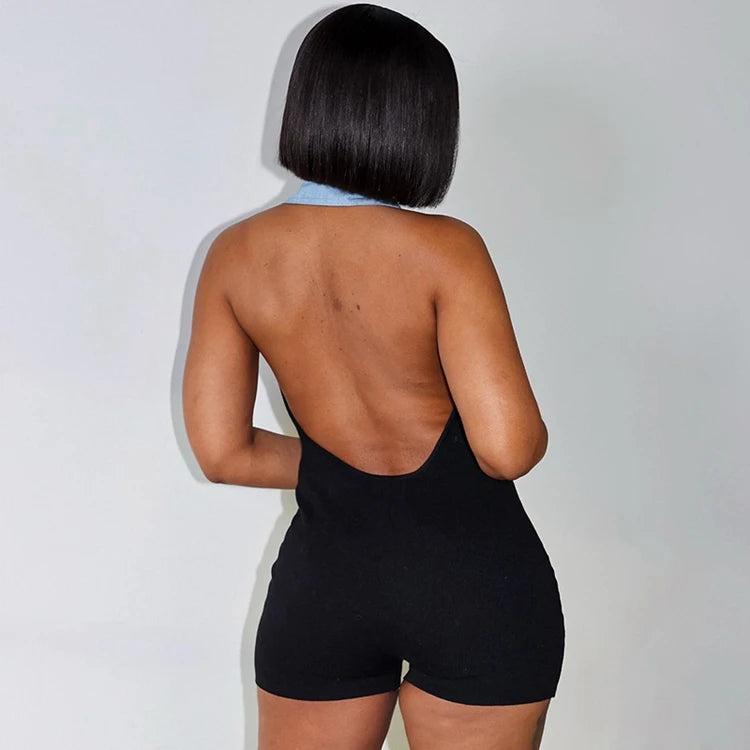 STYLISH LADY Contrast Color Playsuits 2025 Summer Women Turn Down Collar Backless Bodycon Sexy Club Party Street Rompers