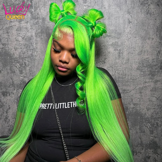 Fluorescent Green Bright 13x6 Frontal 613 Colorful Straight Human Hair Wigs For Women 180 Density Pre Plucked Transparent Lace