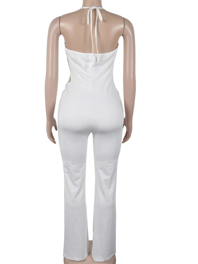 Kricesseen Women's Halter Neck Draped Cut-Out Metal Ring Fitted Jumpsuits Sexy Rompers One Piece Outfits Solid Clubwear Overalls