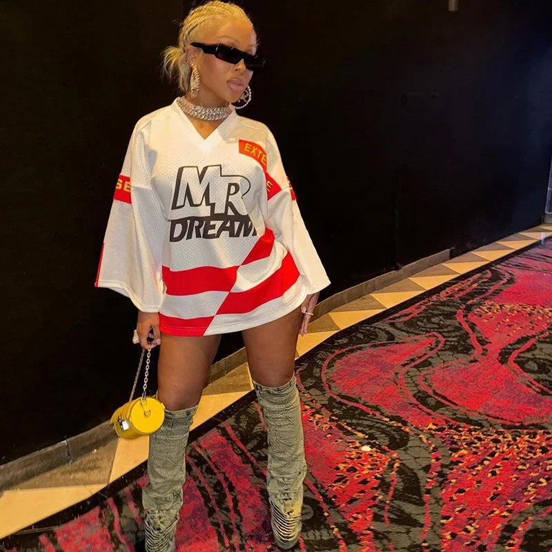 HLJ&GG Y2K Letter Print Mesh Two Piece Sets For Women V Neck Long Sleeve Top + Puffy Mini Skirts Outfits Fashion 2pcs Streetwear