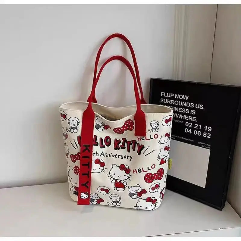 New Model Hello Kitty Cartoon Canvas Bag Cute Commuter Versatile One-Shoulder Tote Bag Large-Capacity Storage Bag