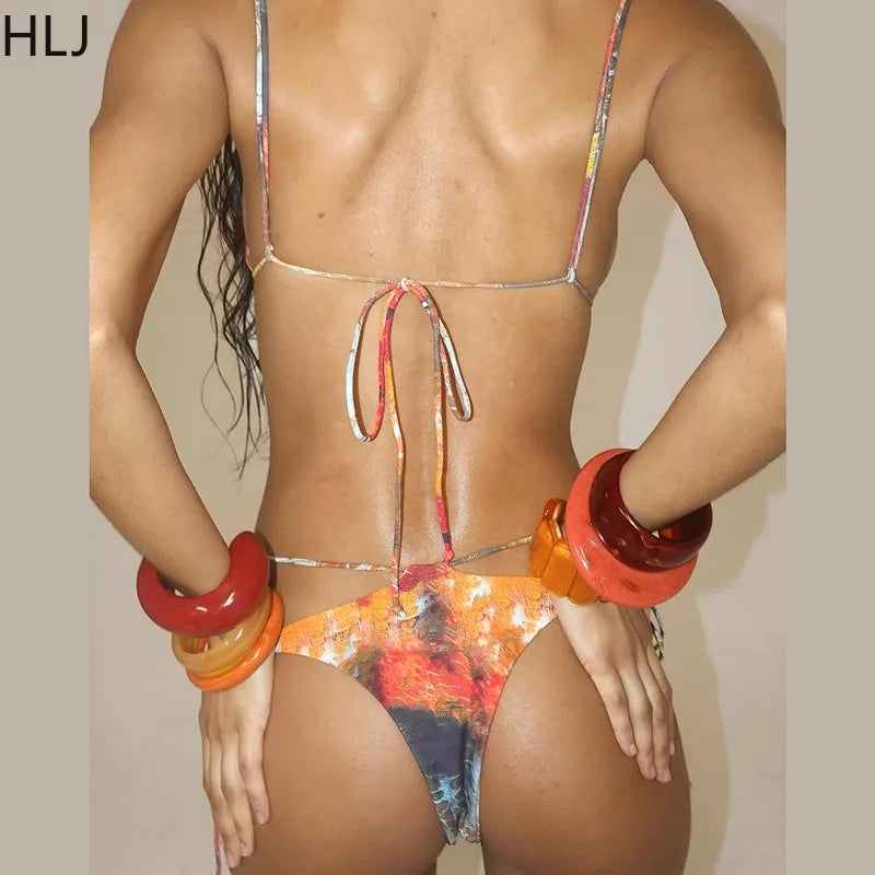 HLJ&GG Sexy Printing 2 Piece Sets Woman Outfits Spaghetti Strap Crop Bra Top+Bikini Shorts + Skirt Matching Suit Female Holiday
