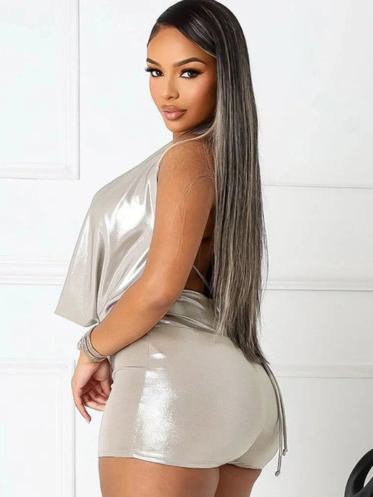 Kricesseen Women's Glitter Halter Neck Draped Metallic Rompers Glam Shiny Backless Leather Playsuits Night Out Overalls Clubwear