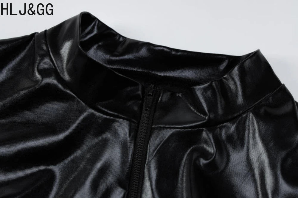 HLJ&GG Black Sexy Leather Zipper Bodycon One Piece Rompers Women Long Sleeve Slim Bodysuits Fashion Nightclub Party Playsuits