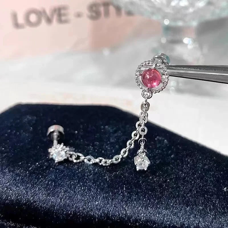 1PCS Pink Love Heart Chain Double Ear Hole 316L Stainless Steel Ear Bone Nail Y2K Fashion Hottie Earrings for Women Jewelry