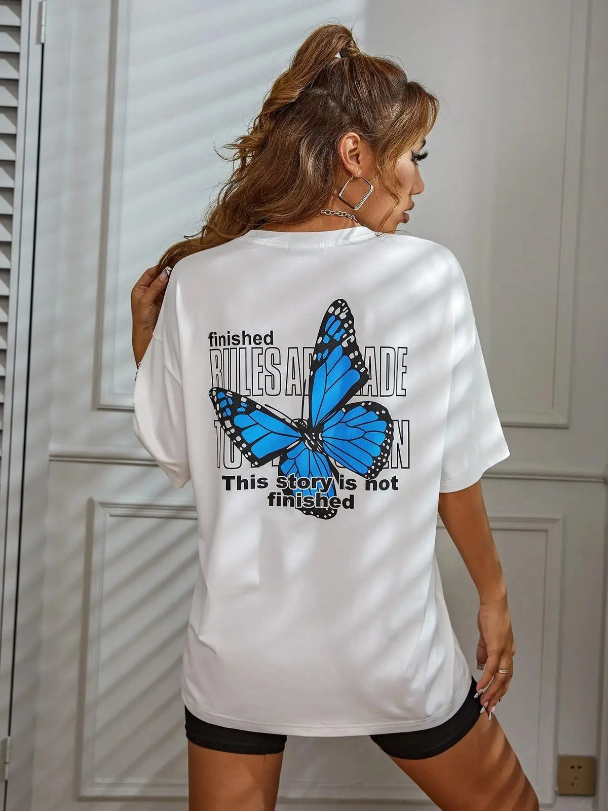 Art Word and Blue Butterfly Printed Women T-Shirt Casual Cotton Short Sleeve Breathable Summer T Shirt Street Clothing