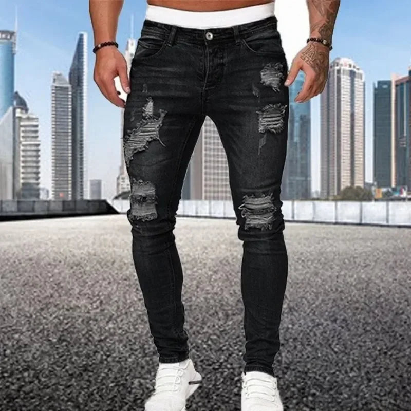 2024 New Retro Ripped Pencil Small Foot Skinny Jeans for Men Motorcycle Streetwear Stretch Straight Casual Slim Jeans Male