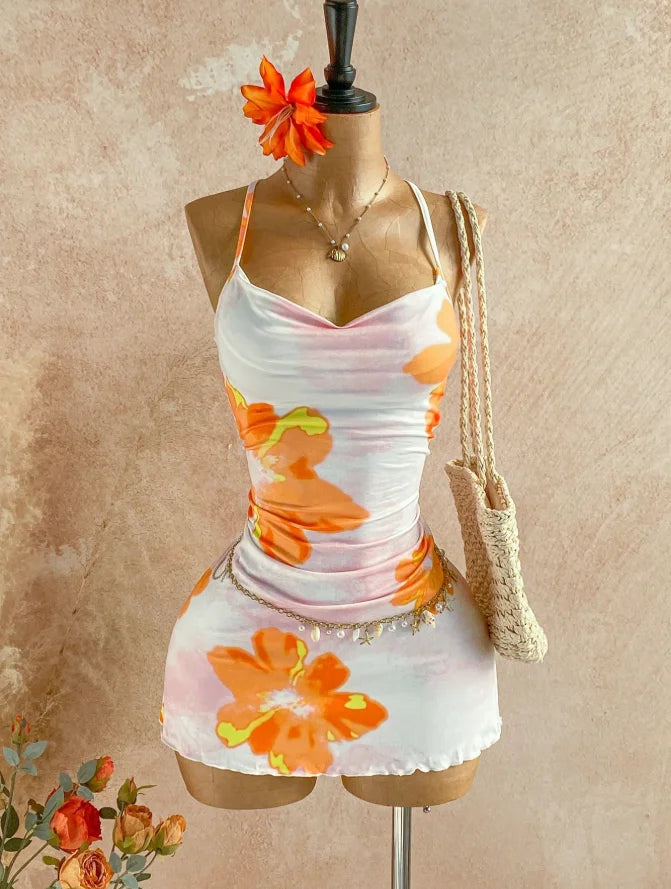 Women Thin Strap Cowl Neck Pink Floral Print Side Ruched Ruffle Hem Mini Bodycon Dress 2026 Summer Tropical Beach Y2K Going Out