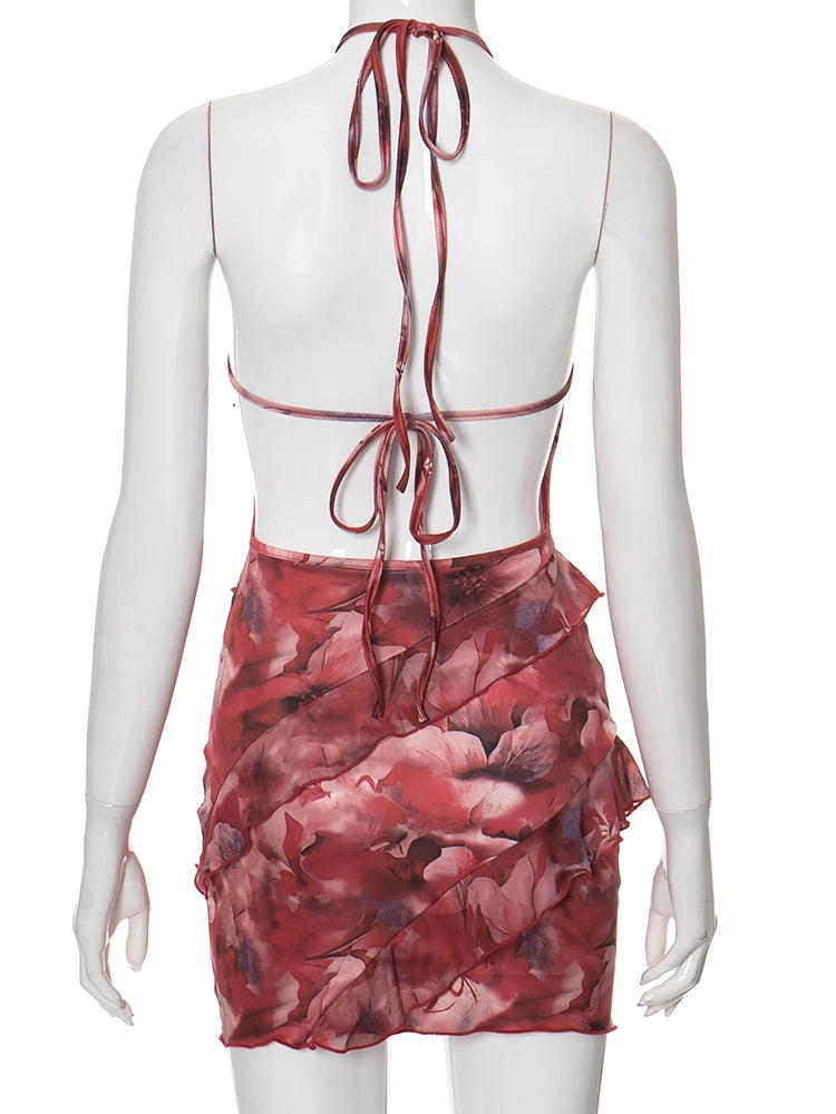 Weird Puss Multilayer Ruffles Dress Women Y2K Backless Halter Tie-Dye Flowers Sleeveless Sexy Stretch Elegant Clubwear Bodycon