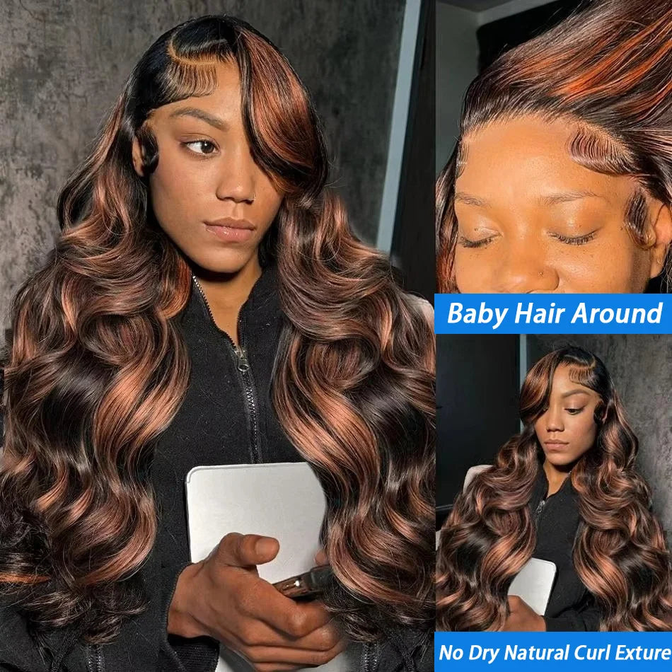 Upgraded 1B/30 Balayage Body Wave 13x4 Highlight Lace Front Human Hair Wig Vietnamese 30 Inch Omber Brown Colored Wig Human Hair