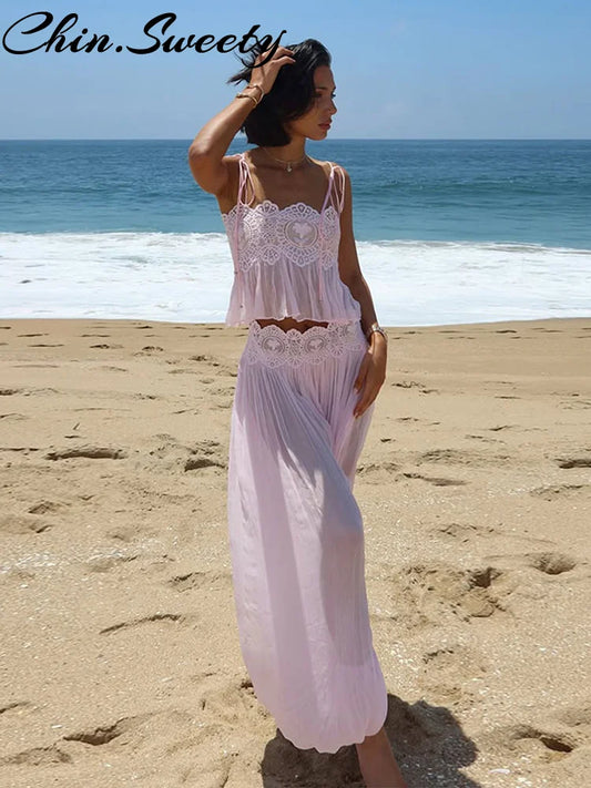 See Through Lace Vest Pant Set Women Beach Sling Tops Pleated Straight Pants 2026 Summer Vacation Hollow Out Lady Suits