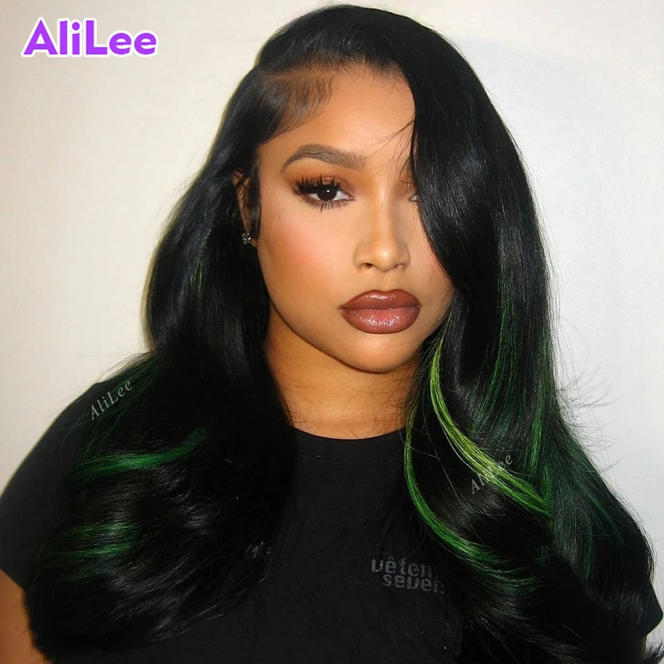 Highlight Green with Black Color Transparent Body Wave 13x6 13x4 Lace Frontal Human Wigs for Women Pre Plucked with Baby Hair