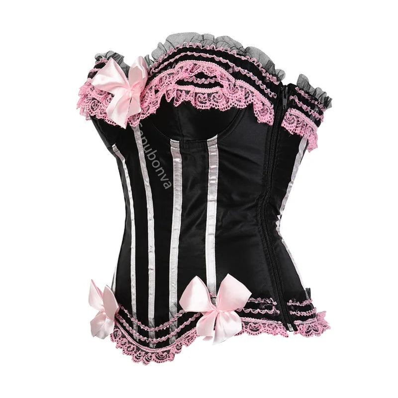 Sapubonva Lace up corsets bustiers top sexy satin overbust corset striped ladies satin halloween big size red black pink korsett