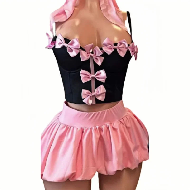 HLJ&GG Sweet Bow Fashion Corset Vest Two Piece Sets Women Thin Strap Slim Tank Top + Puffy Mini Skirts Outfits Female Streetwear