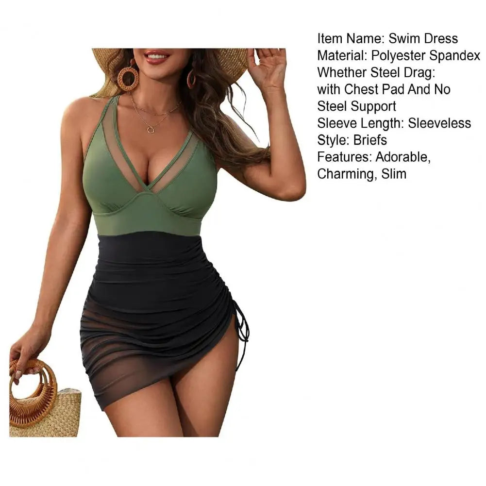 One Piece Women's Swimsuit Solid Color V Neck Tummy Control Swimwear Sexy Mesh Sheer Wrap Bathing Suit For Beach Vacation