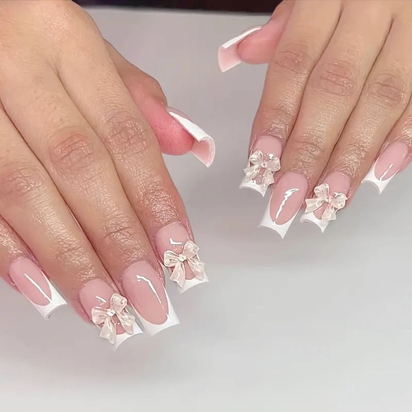 White French Press on Nails 3D Bowknot Fake Nails Tips Full Cover Wearable False Nails for Women and Girls DIY 24Pcs